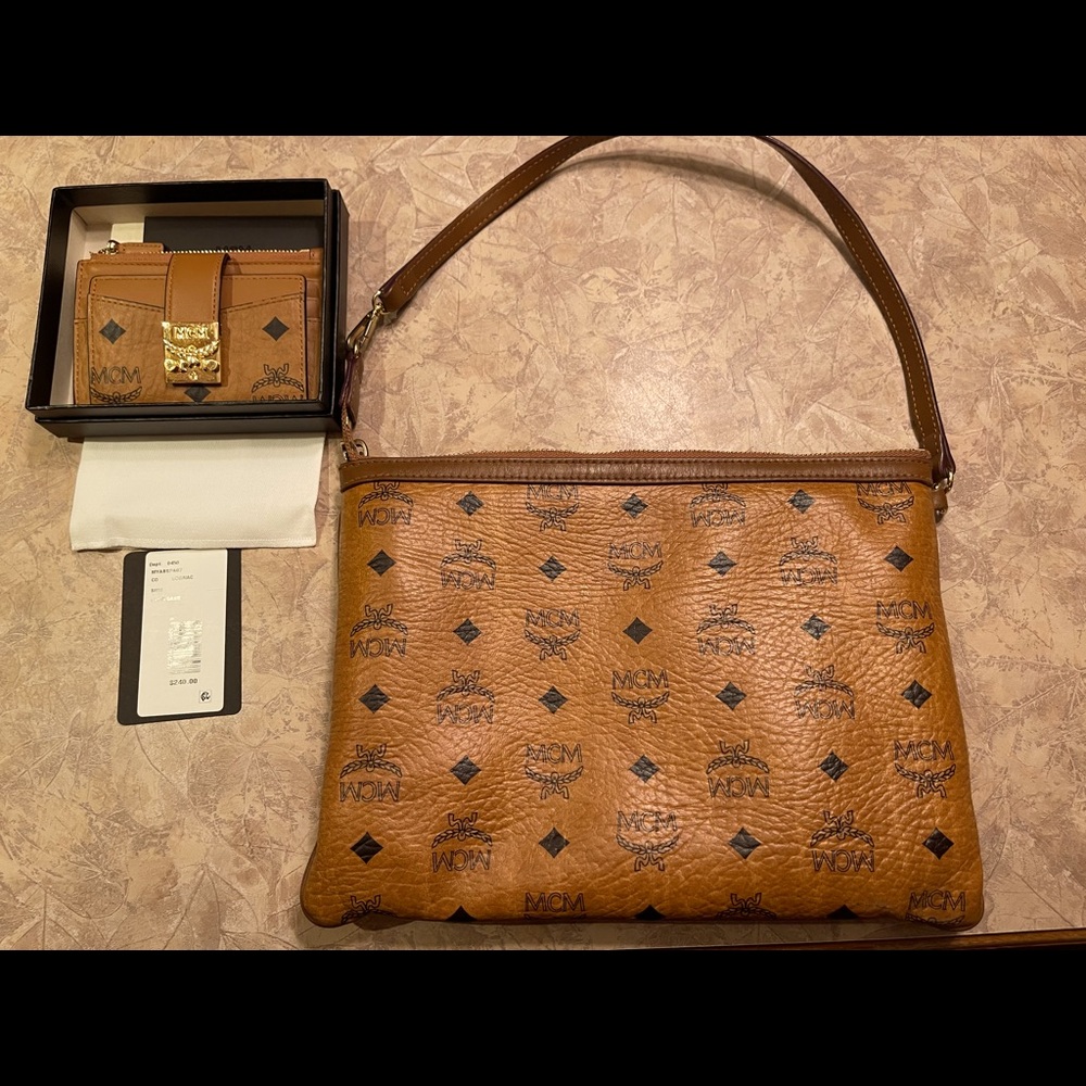 Authentic MCM Cognac Medium Pouch w/ wallet
